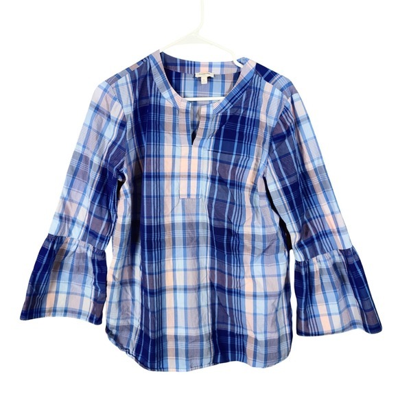 Talbots Tops - Talbots Womens Preppy Coastal Plaid Bell Sleeve Blouse M Blue Pink Split Neck